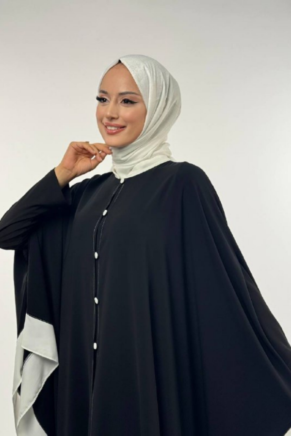 Düğme Detaylı Pelerin 70024 Siyah-Ekru - 4