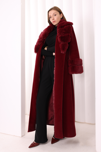 Yaka Kürk Detay Kaban 70029 Bordo - Bym Fashion