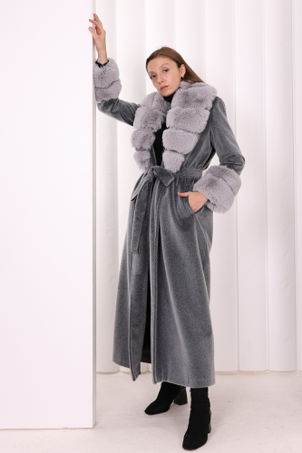 Yaka Kürk Detay Kaban 70029 Gri - Bym Fashion