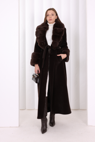 Yaka Kürk Detay Kaban 70029 Koyu Kahve - Bym Fashion