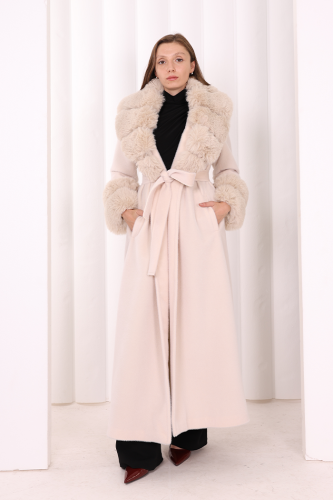 Yaka Kürk Detay Kaban 70029 Taş - Bym Fashion