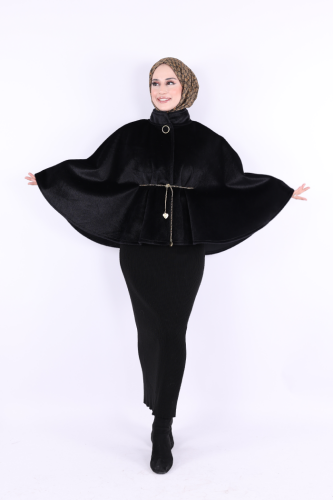 Zincir Kemer Detaylı Panço 70032 Siyah - Bym Fashion
