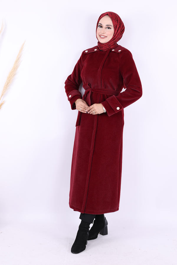 Düğmeli Uzun Kaban 70033 Bordo - 2
