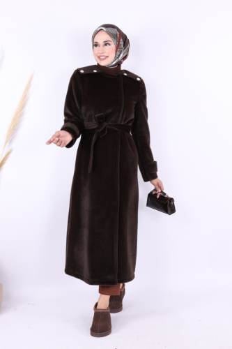 Düğmeli Uzun Kaban 70033 Koyu Kahve - Bym Fashion