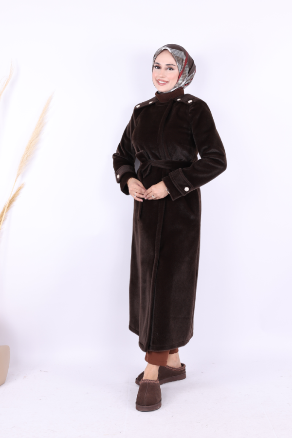 Düğmeli Uzun Kaban 70033 Koyu Kahve - 4