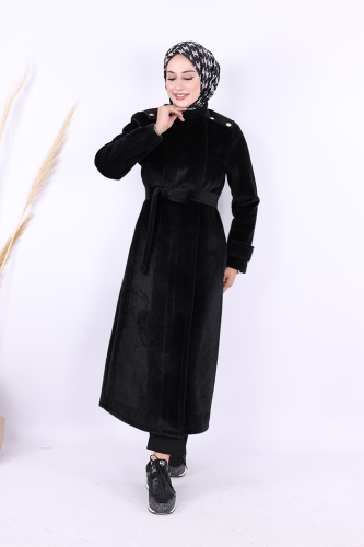 Düğmeli Uzun Kaban 70033 Siyah - Bym Fashion