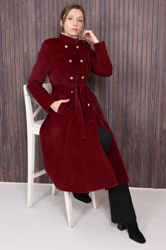 Çıt Çıt Düğme Detay Kaban 70035 Bordo - Bym Fashion