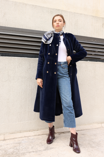 Çıt Çıt Düğme Detay Kaban 70035 Lacivert - Bym Fashion