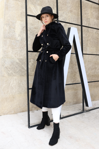 Çıt Çıt Düğme Detay Kaban 70035 Siyah - Bym Fashion
