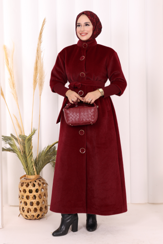 Düğme Detaylı Uzun Kaban 70048 Bordo - Bym Fashion
