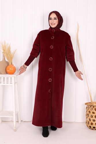 Düğme Detaylı Uzun Kaban 70048 Bordo - Bym Fashion