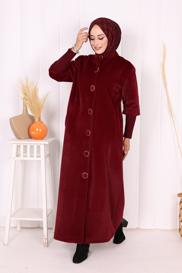 Düğme Detaylı Uzun Kaban 70048 Bordo - 2