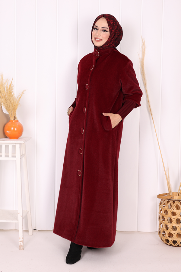 Düğme Detaylı Uzun Kaban 70048 Bordo - 3