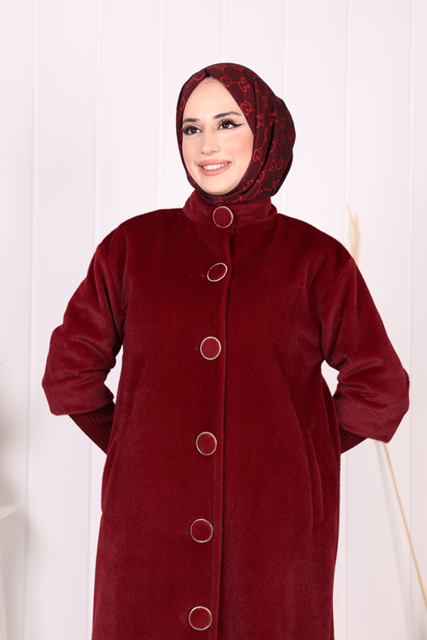 Düğme Detaylı Uzun Kaban 70048 Bordo - 5