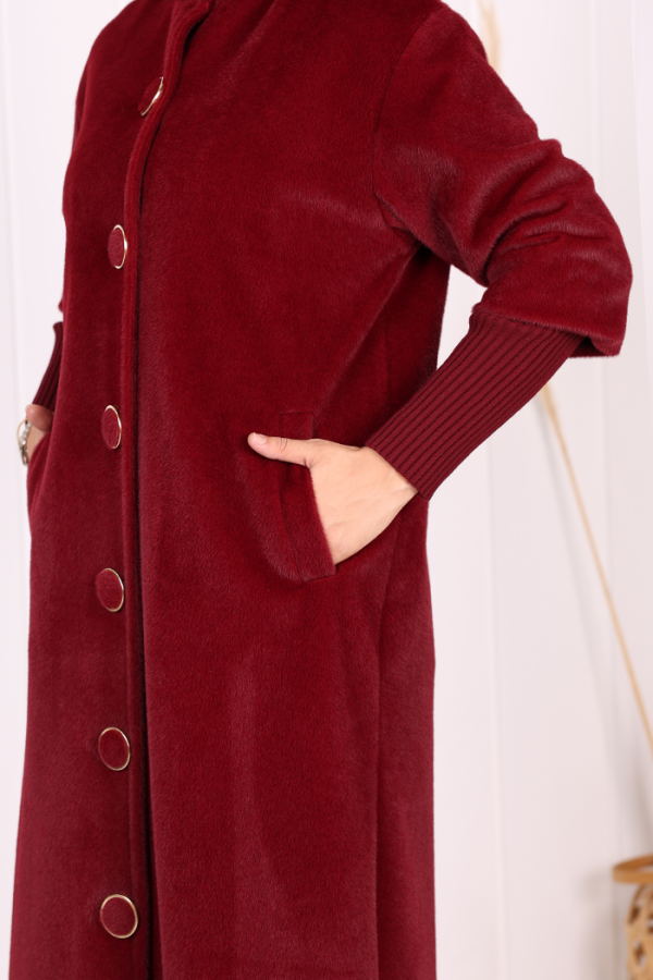Düğme Detaylı Uzun Kaban 70048 Bordo - 6
