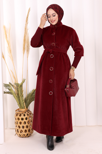 Düğme Detaylı Uzun Kaban 70048 Bordo - 2