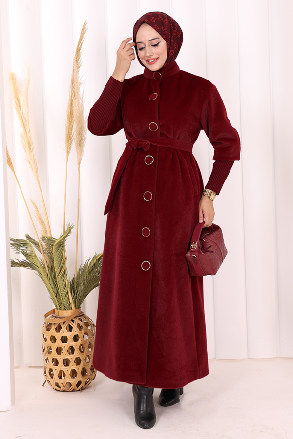 Düğme Detaylı Uzun Kaban 70048 Bordo - 2