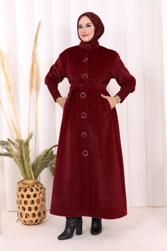Düğme Detaylı Uzun Kaban 70048 Bordo - 3