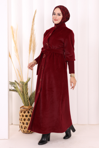 Düğme Detaylı Uzun Kaban 70048 Bordo - 4