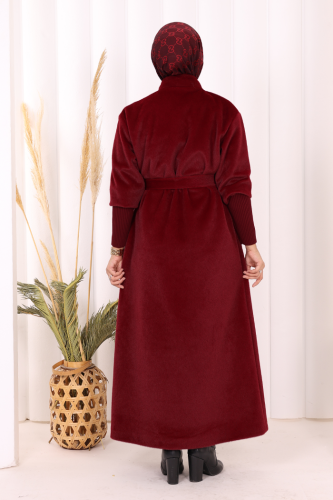 Düğme Detaylı Uzun Kaban 70048 Bordo - 5