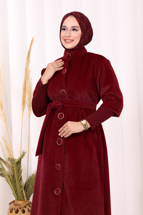 Düğme Detaylı Uzun Kaban 70048 Bordo - 6