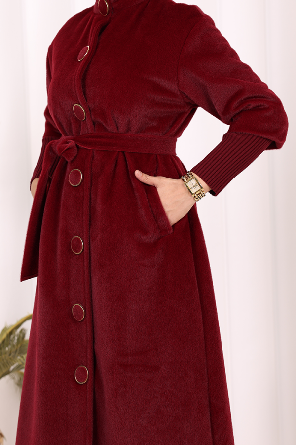 Düğme Detaylı Uzun Kaban 70048 Bordo - 7
