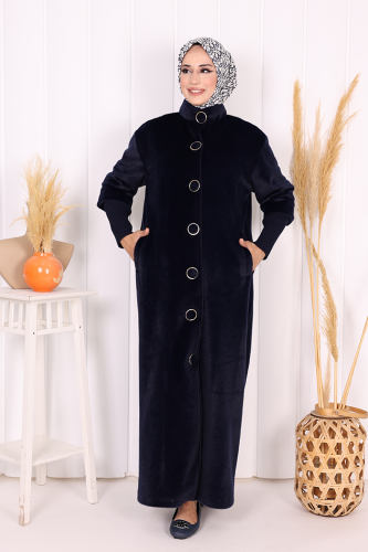Düğme Detaylı Uzun Kaban 70048 Lacivert - Bym Fashion