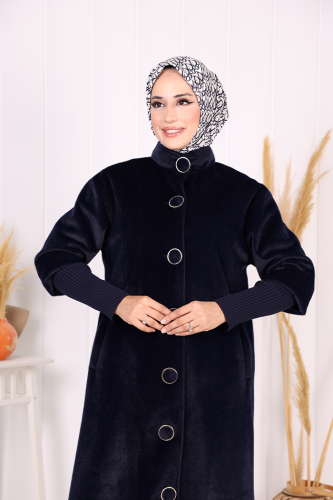 Düğme Detaylı Uzun Kaban 70048 Lacivert - 5