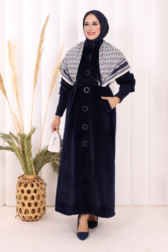 Düğme Detaylı Uzun Kaban 70048 Lacivert - Bym Fashion