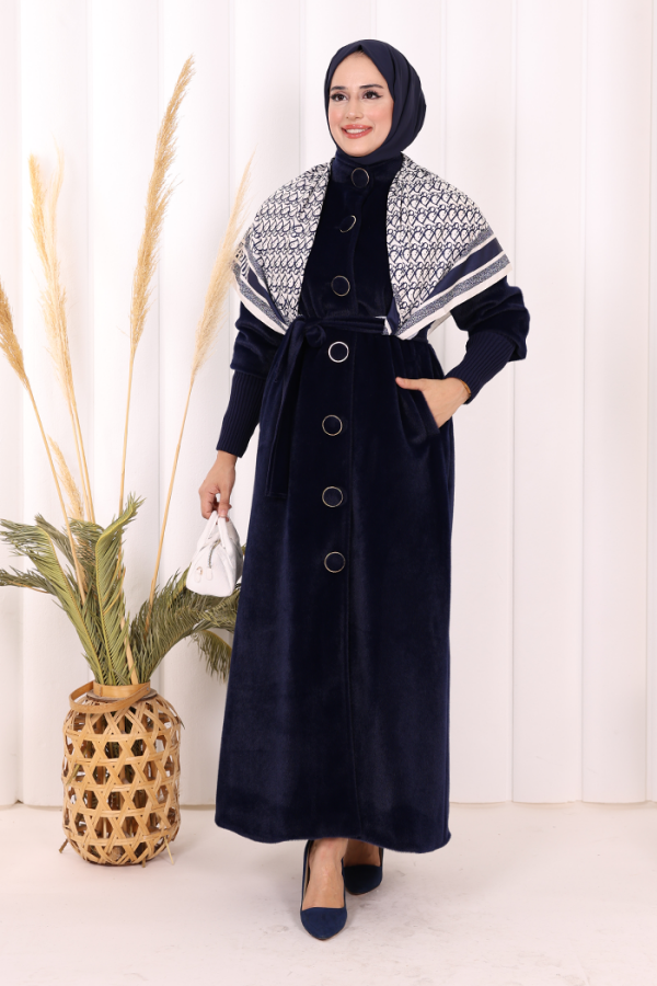 Düğme Detaylı Uzun Kaban 70048 Lacivert - 1