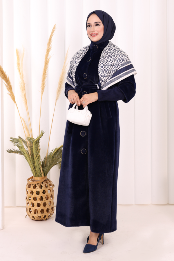 Düğme Detaylı Uzun Kaban 70048 Lacivert - 2