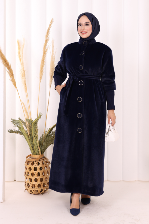 Düğme Detaylı Uzun Kaban 70048 Lacivert - 3