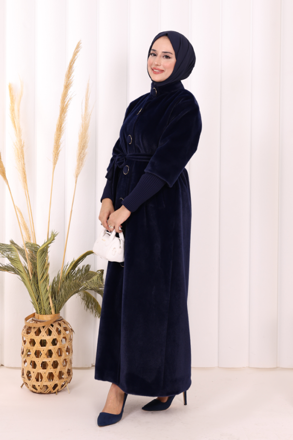 Düğme Detaylı Uzun Kaban 70048 Lacivert - 4