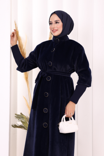 Düğme Detaylı Uzun Kaban 70048 Lacivert - 6