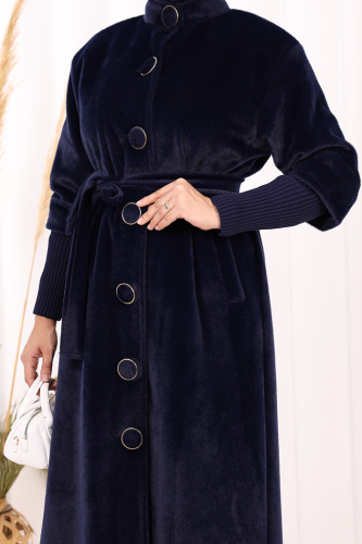 Düğme Detaylı Uzun Kaban 70048 Lacivert - 7