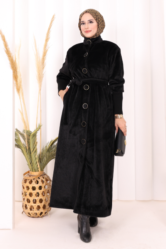 Düğme Detaylı Uzun Kaban 70048 Siyah - Bym Fashion
