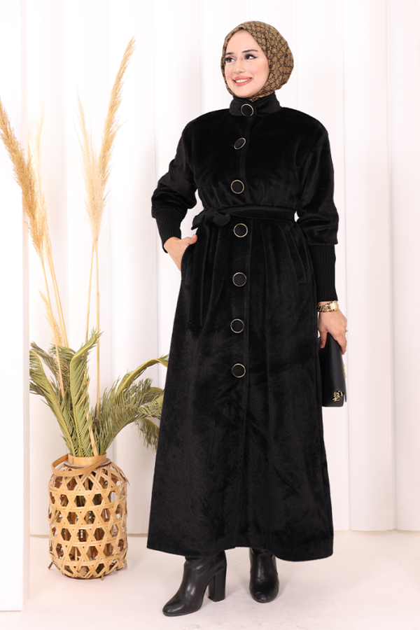 Düğme Detaylı Uzun Kaban 70048 Siyah - 2