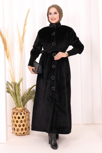 Düğme Detaylı Uzun Kaban 70048 Siyah - 3