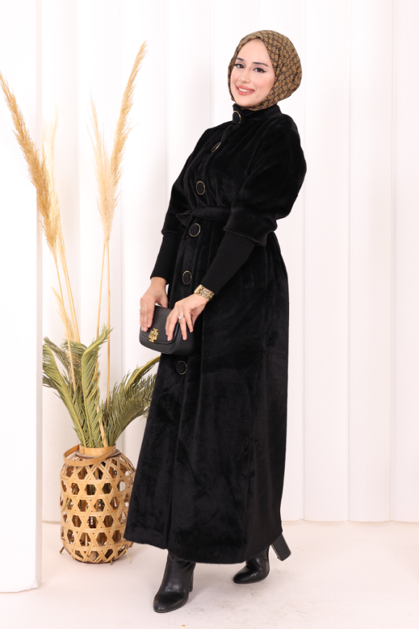 Düğme Detaylı Uzun Kaban 70048 Siyah - 4