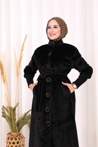 Düğme Detaylı Uzun Kaban 70048 Siyah - 6