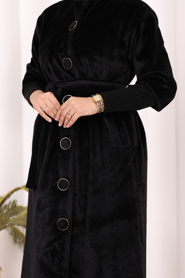 Düğme Detaylı Uzun Kaban 70048 Siyah - 7