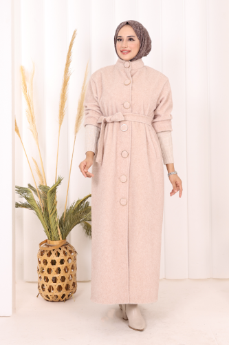 Düğme Detaylı Uzun Kaban 70048 Taş - Bym Fashion