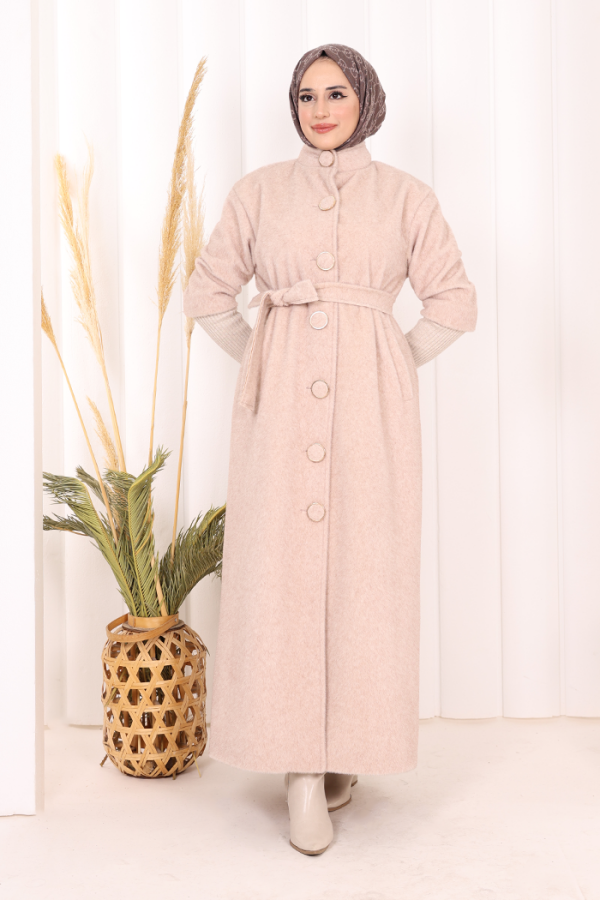 Düğme Detaylı Uzun Kaban 70048 Taş - 2