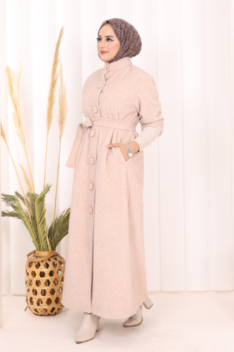 Düğme Detaylı Uzun Kaban 70048 Taş - 3