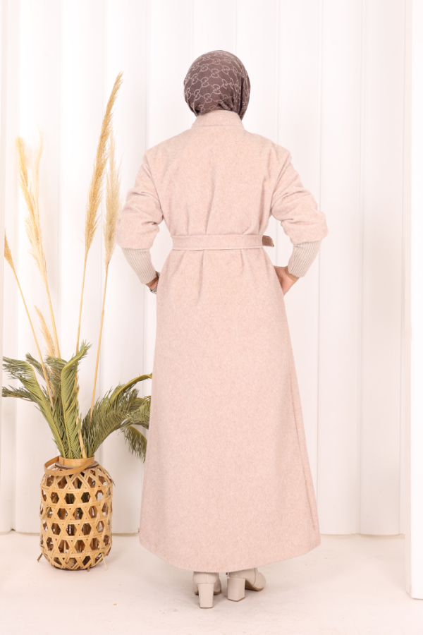 Düğme Detaylı Uzun Kaban 70048 Taş - 4