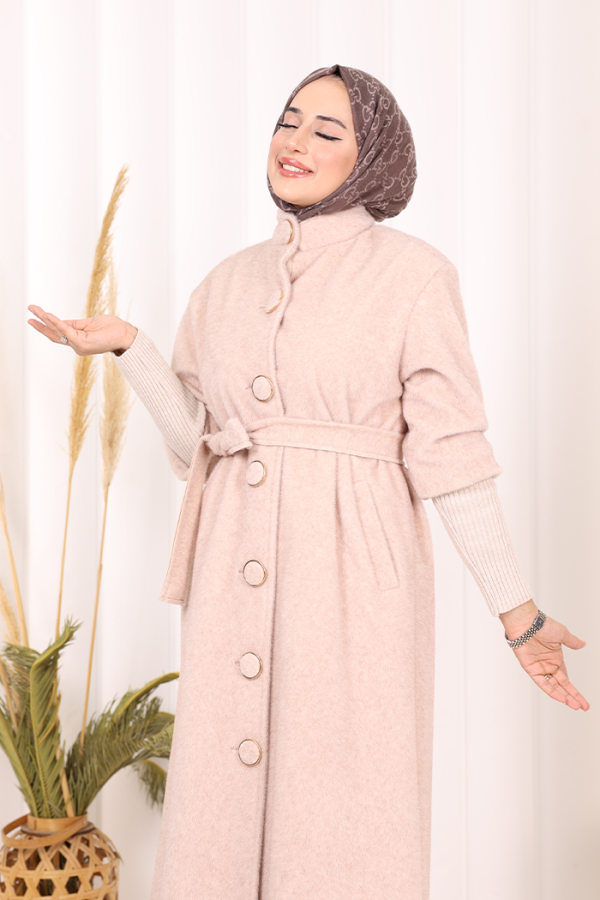 Düğme Detaylı Uzun Kaban 70048 Taş - 5