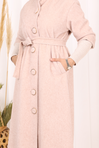 Düğme Detaylı Uzun Kaban 70048 Taş - 6