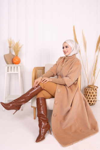 Düğme Detaylı Uzun Kaban 70048 Vizon - Bym Fashion