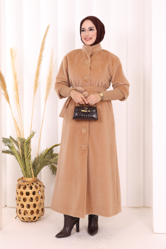 Düğme Detaylı Uzun Kaban 70048 Vizon - Bym Fashion