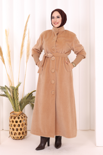 Düğme Detaylı Uzun Kaban 70048 Vizon - 2